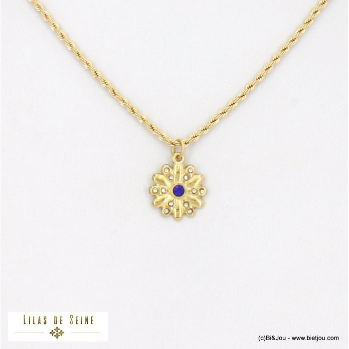 collier acier inoxydable pendentif fleur strass chaîne maille corde femme 0122510 bleu foncé