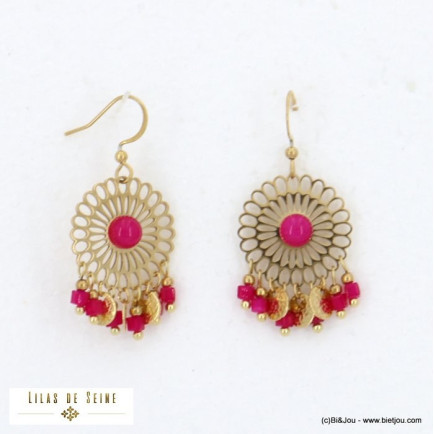 boucles d'oreilles acier inoxydable rosace ajourée rondelles pierre femme 0322515
