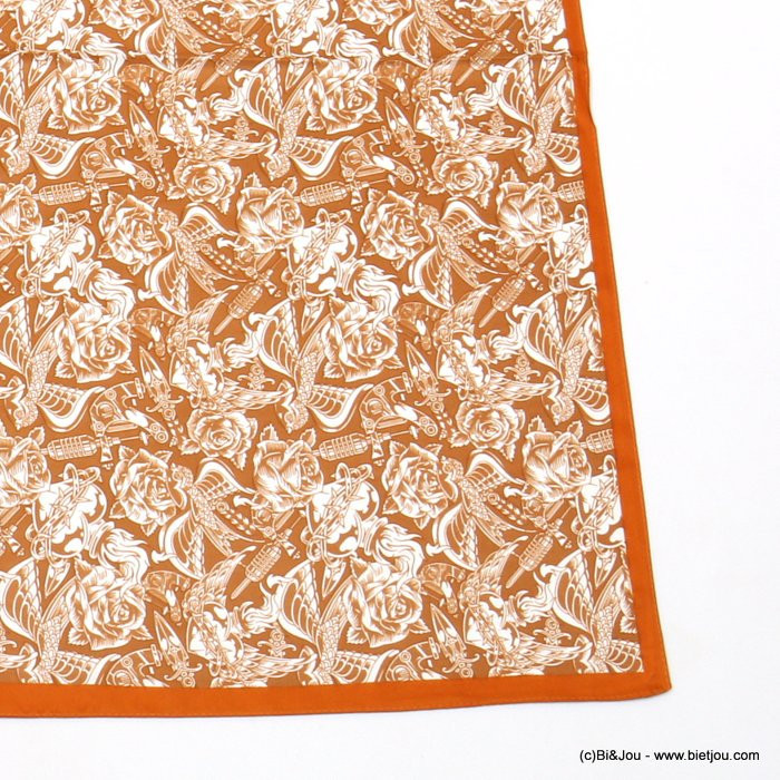 carré satin motif oiseau rose fleur touché soie polyester femme 0722513 rouge corail