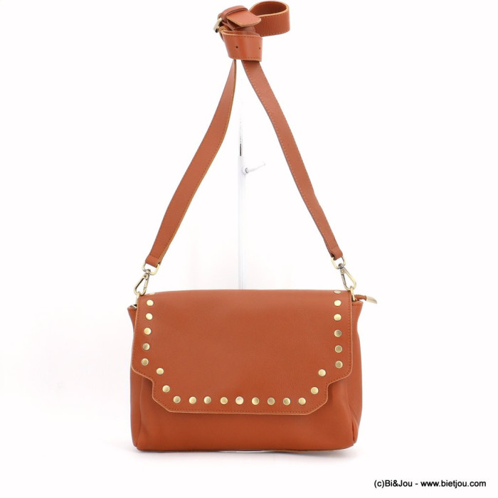 sac à bandoulière cuir véritable grainé rabat clous 0922506 camel