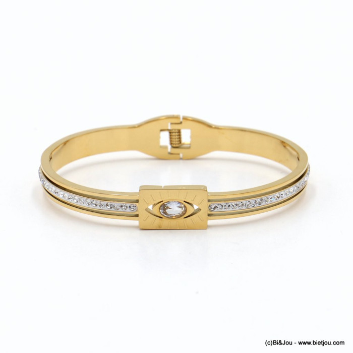 Jonc ouvrable avec oeil protecteur en acier inoxydable et strass pour femme 0222544 doré Jonc ouvrable avec oeil protecteur en acier inoxydable et strass pour femme 0222544 doré