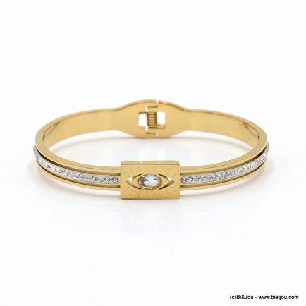 Jonc ouvrable avec oeil protecteur en acier inoxydable et strass pour femme 0222544 doré
