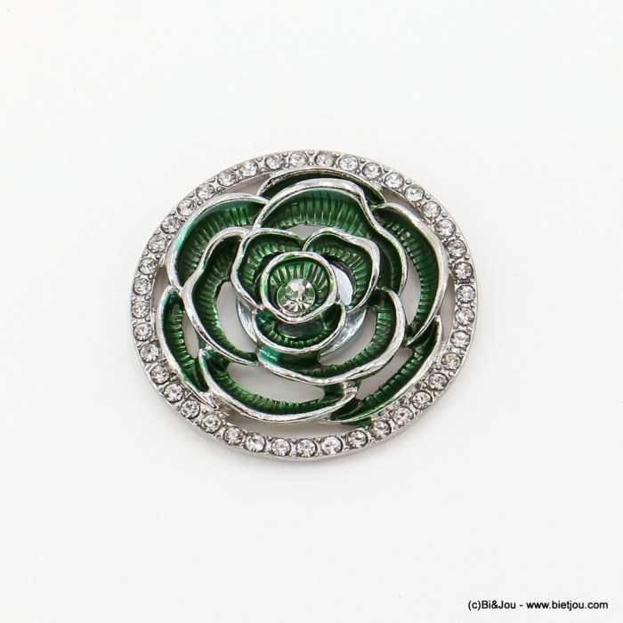 Broche rose magnétique ronde ajourée métal strass émail 0522515 vert