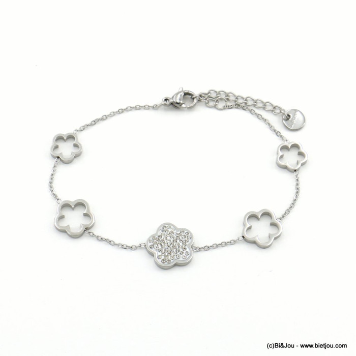 Bracelet acier inoxydable fleurs ajourées pétales arrondies strass femme 0222570 argenté Bracelet acier inoxydable fleurs ajourées pétales arrondies strass femme 0222570 argenté