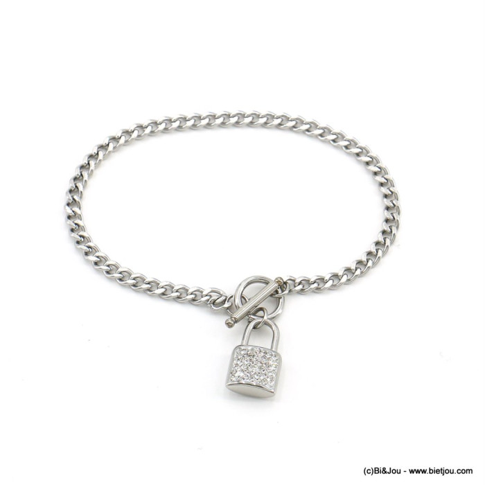 Bracelet acier inoxydable cadenas strass chaîne maille gourmette fermoir toogle femme 0222576 argenté