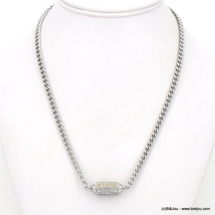 Collier acier talisman strass AMORE DREAM LIVE chaîne maille gourmette femme 0122610 argenté Collier acier talisman strass AMORE DREAM LIVE chaîne maille gourmette femme 0122610 argenté
