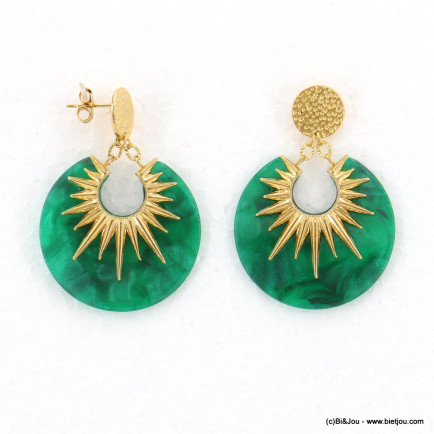 BOUCLES D'OREILLE ACIER INOXYDABLE DEMI-SOLEIL DISQUE RÉSINE MARBRÉE FEMME 0322600 vert