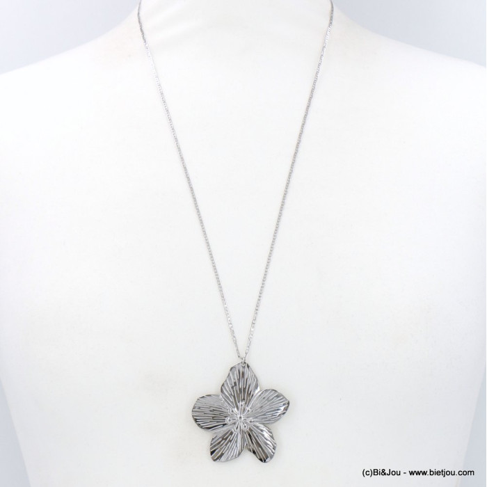 Long collier pendentif fleur hibiscus acier inoxydable 0123040 argenté Long collier pendentif fleur hibiscus acier inoxydable 0123040 argenté