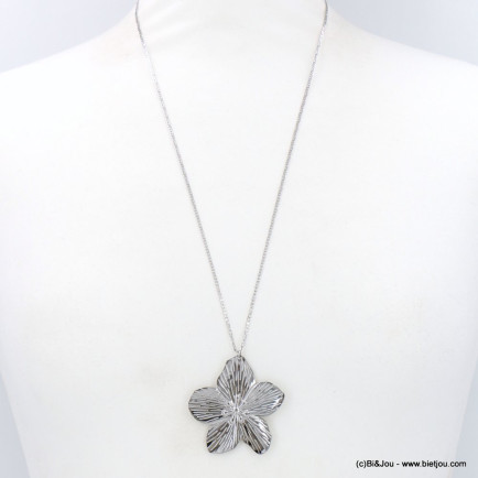 Long collier pendentif fleur hibiscus acier inoxydable 0123040 argenté