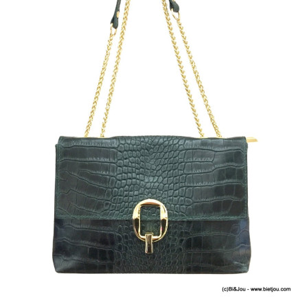 Sac à bandoulière chaîne cuir véritable façon croco rabat fermoir métallique tourniquet 0922550 vert foncé