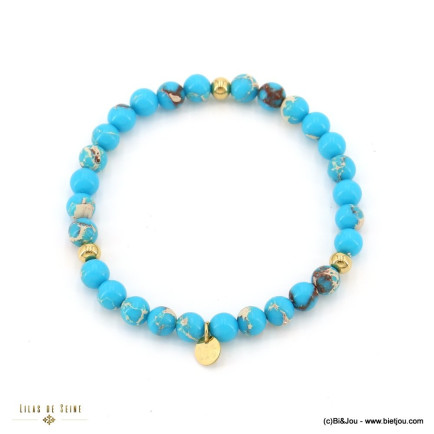 Bracelet élastique billes 6mm pierre marbrée femme 0223015 bleu