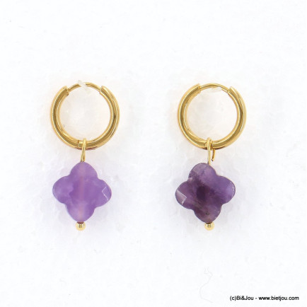 BOUCLES D'OREILLE MINI CRÉOLES TRÈFLE ACIER INOXYDABLE PIERRE FEMME 0323046 violet