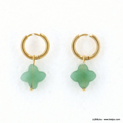 BOUCLES D'OREILLE MINI CRÉOLES TRÈFLE ACIER INOXYDABLE PIERRE FEMME 0323046 vert