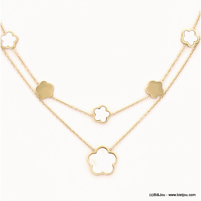 Collier layering double-rangs acier inoxydable pampilles fleurs nacre femme 0123049 blanc