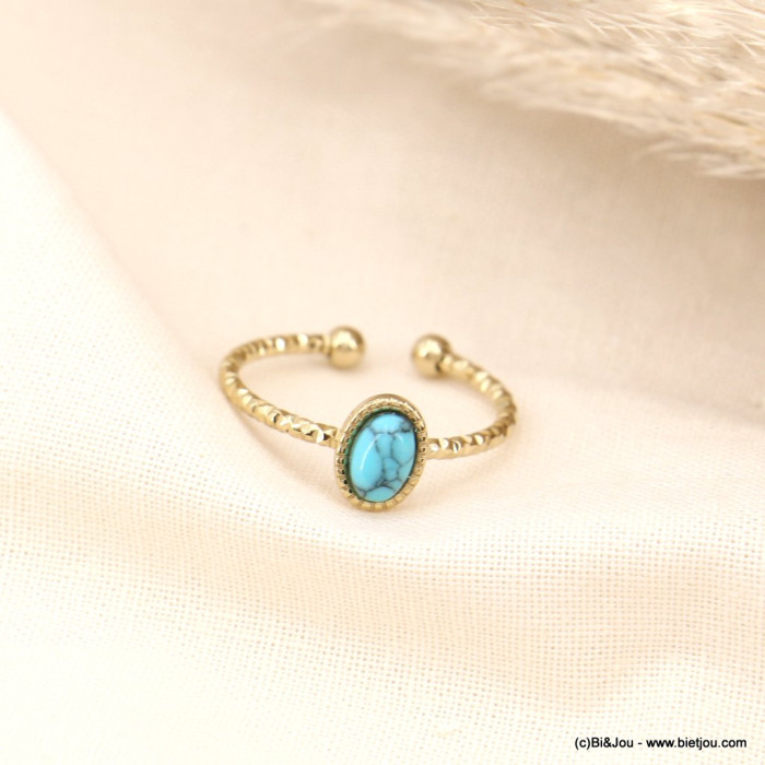 Bague cabochon pierre naturelle ovale acier inoxydable martelé ouvrable réglable femme 0423044 bleu turquoise