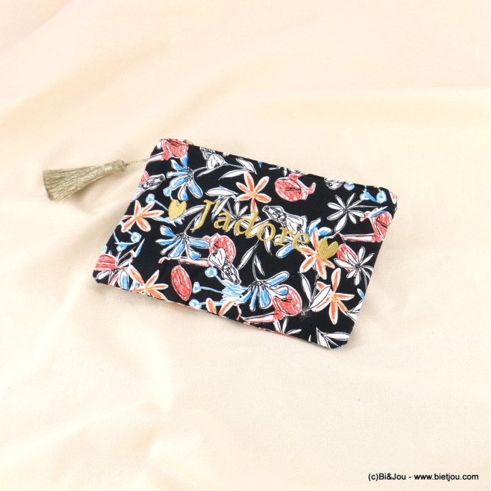 Pochette mini trousse maquillage plate inscription brodée J'adore cœur imprimé fleurs coton pompon fil 0923021 noir Pochette mini trousse maquillage plate inscription brodée J'adore cœur imprimé fleurs coton pompon fil 0923021 noir