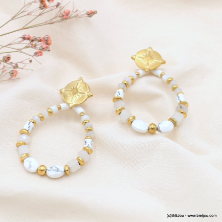 Boucles d'oreille goutte pierre cristal médaillon étoile acier femme 0323065 blanc