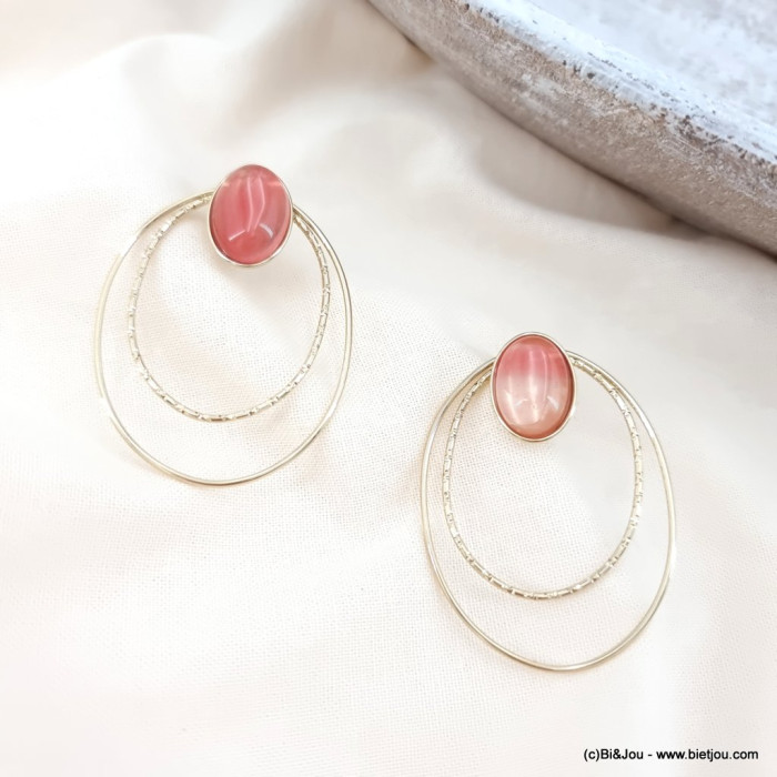 Boucles d'oreilles double anneaux ovales acier cabochon pierre femme 0323081 rose Boucles d'oreilles double anneaux ovales acier cabochon pierre femme 0323081 rose