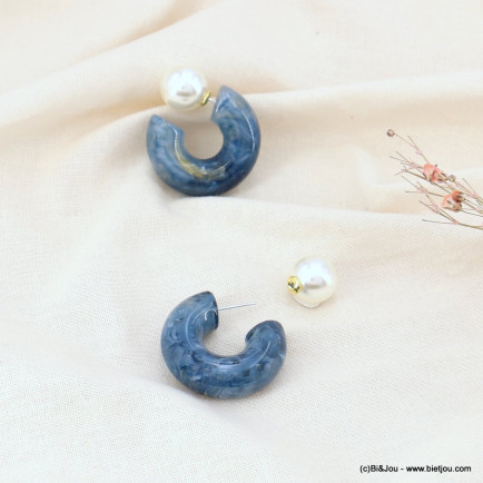 Boucles d'oreilles anneaux larges en résine effet marbré et perle acrylique femme 0323100 bleu foncé
