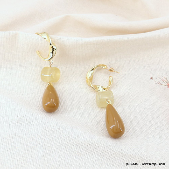 Boucles d'oreilles créoles torsadées métal doré et perles en résine colorée femme 0323109 cognac Boucles d'oreilles créoles torsadées métal doré et perles en résine colorée femme 0323109 cognac