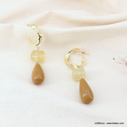 Boucles d'oreilles créoles torsadées métal doré et perles en résine colorée femme 0323109 cognac
