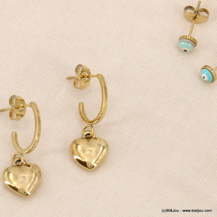 Ensemble puces d'oreilles bohème-chic acier inox oeil bleu coeur strass femme 0323121 doré