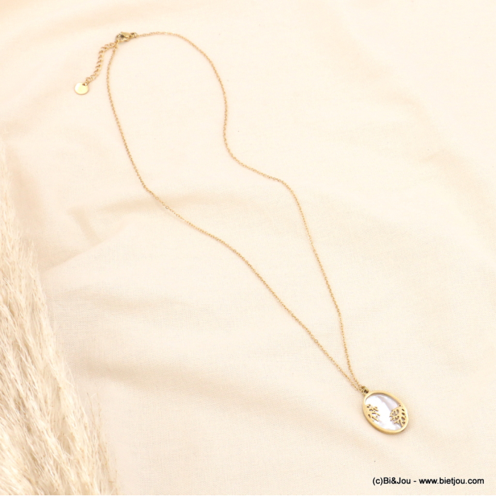 Collier pendentif bouton de nacre ovale corail acier inoxydable femme 0123151 doré Collier pendentif bouton de nacre ovale corail acier inoxydable femme 0123151 doré
