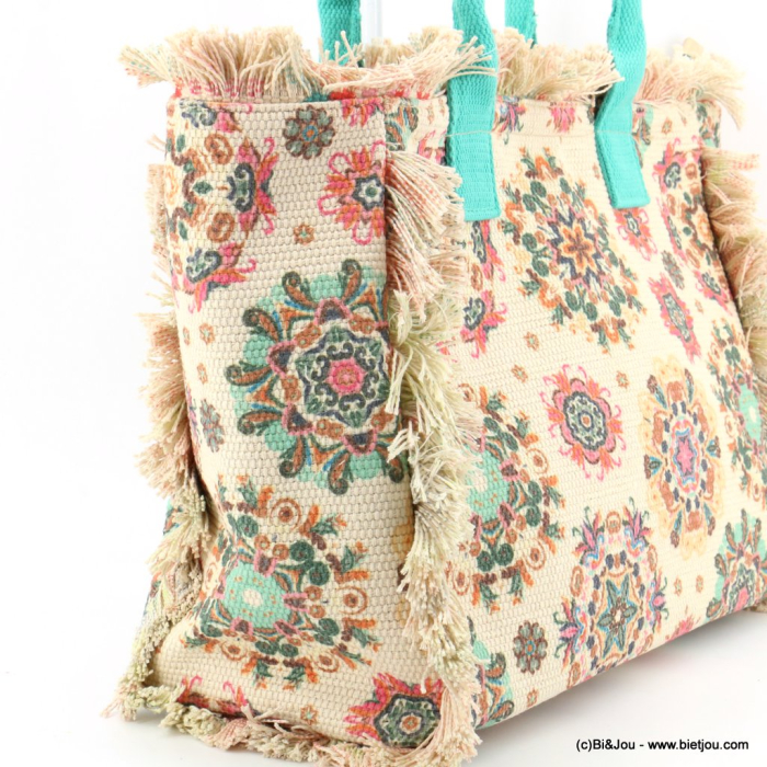 Sac à main fleurs franges coton polyester femme 0923034 bleu turquoise