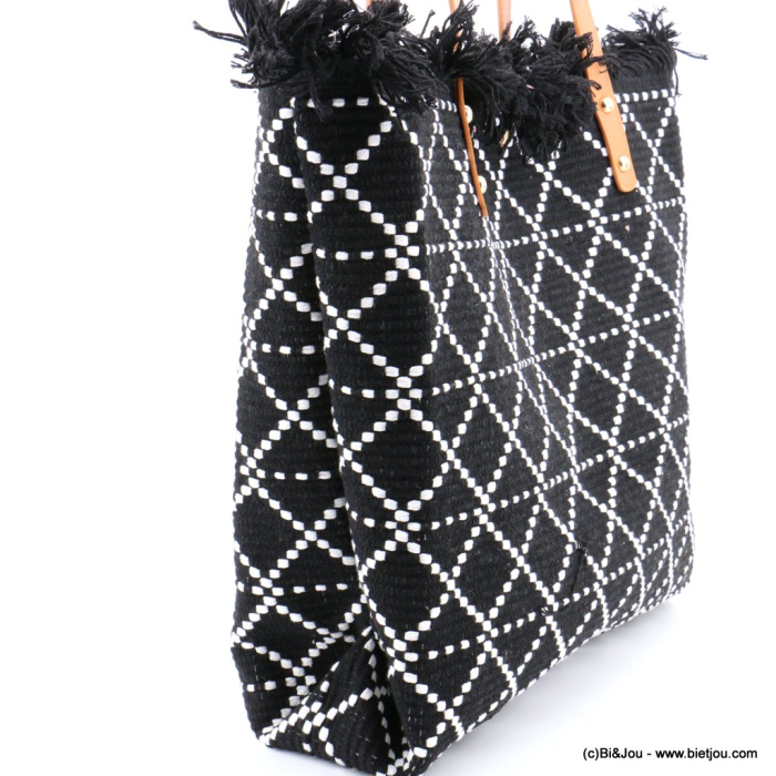 Cabas porté épaule coton tressé losange franges anses simili-cuir femme 0923037 noir
