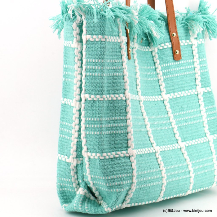 Cabas porté épaule coton tressé carreaux franges anses simili-cuir femme 0923038 bleu turquoise