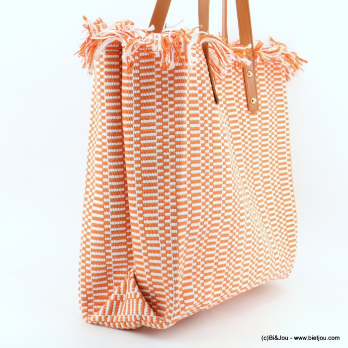 Cabas porté épaule coton tressé franges anses simili-cuir femme 0923039 orange