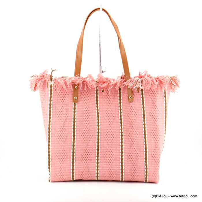 Cabas porté épaule coton tressé losange franges anses simili-cuir femme 0923041 rose Cabas porté épaule coton tressé losange franges anses simili-cuir femme 0923041 rose