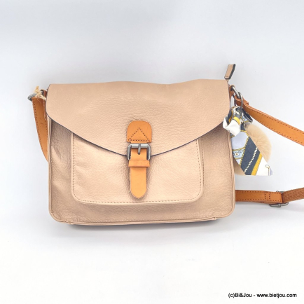 SAC À BANDOULIÈRE FAÇON CARTABLE FLORA&CO SIMILI-CUIR SOUPLE BOULE DE POIL FOULARD FEMME 0922048 naturel/beige