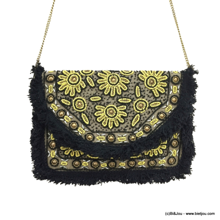 Sac pochette bohème-chic perles et tissu ethnique femme 0923057 noir