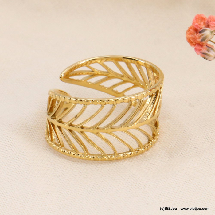 Bague large acier inoxydable feuille ajourée 0423101 doré Bague large acier inoxydable feuille ajourée 0423101 doré