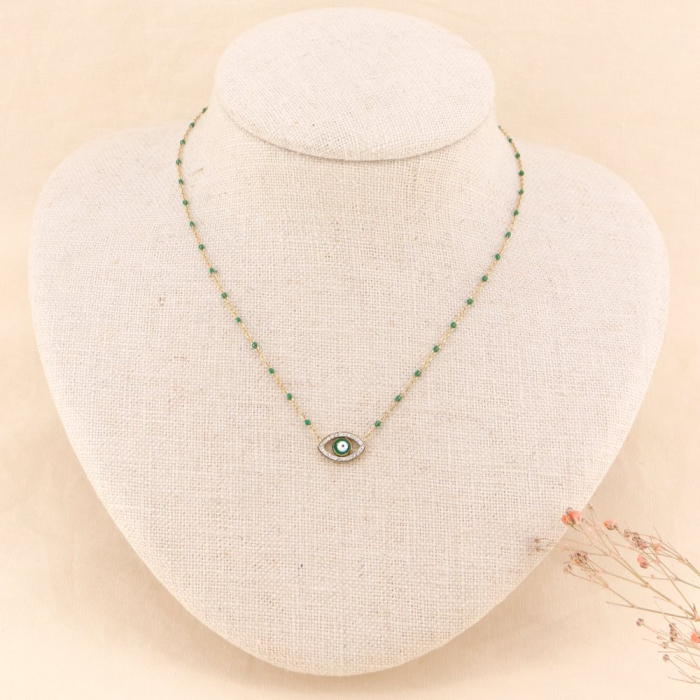 Collier court œil protecteur émail et acier inoxydable 0123162 vert Collier court œil protecteur émail et acier inoxydable 0123162 vert