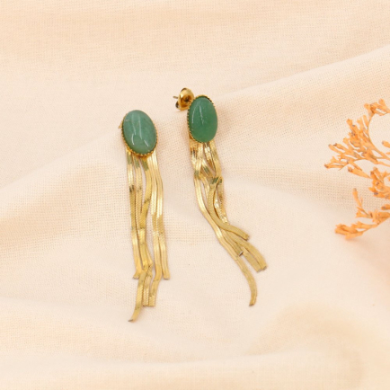 Boucles d'oreilles vintage pendantes en acier inoxydable cabochon pierre 0323548 vert foncé