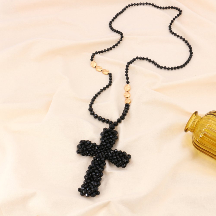 Collier sautoir croix xxl et perles facettées cristal 0123140 noir Collier sautoir croix xxl et perles facettées cristal 0123140 noir