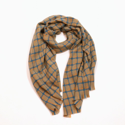 Écharpe douce tissé carreaux en laine et polyester franges 0723034 vert kaki