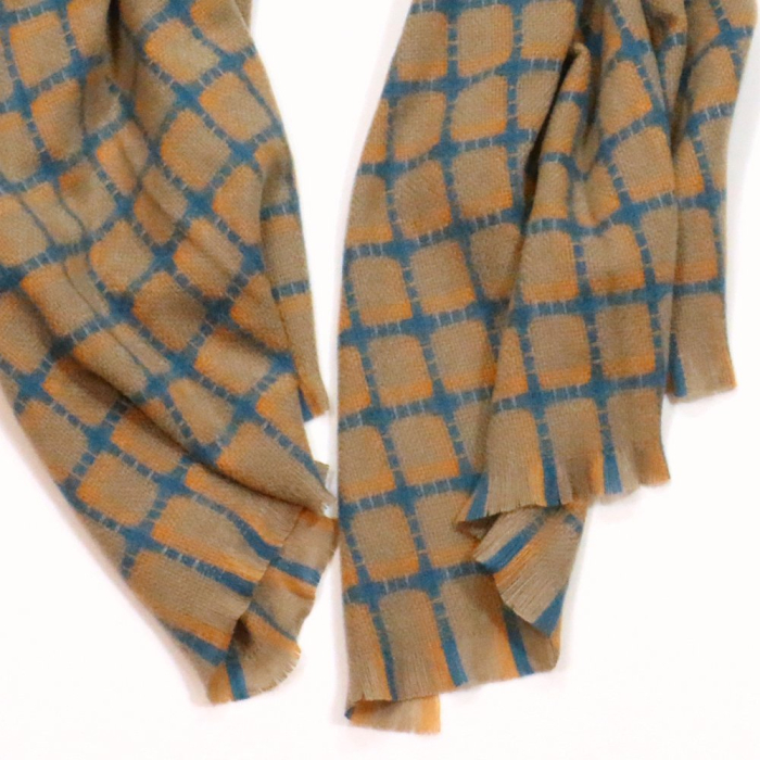 Écharpe douce tissé carreaux en laine et polyester franges 0723034 vert kaki