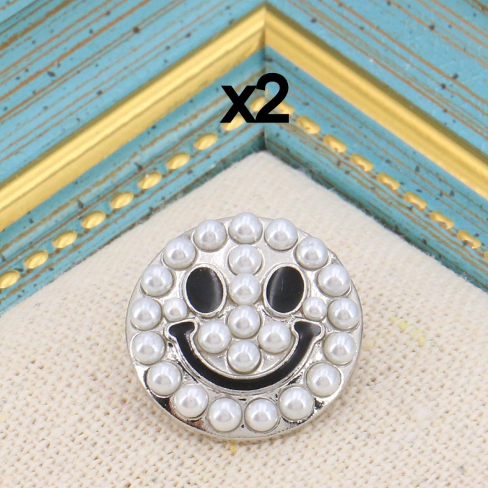Pin's broche x2 smiley sourire métal perles blanches acrylique 0623510 argenté