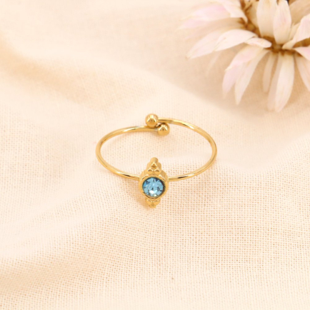 Bague Fleur Réglable Avec Pierres Et Strass Bleus - Métal Doré Sans Nickel - Neuf Avec étiquettes