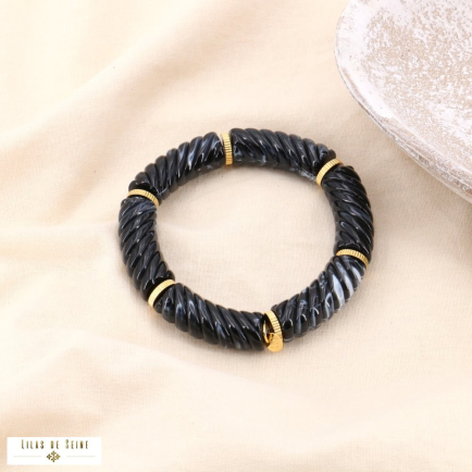 Bracelet élastique vintage tubes acrylique torsadé marbré métal femme 0223529 noir