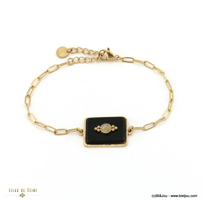 Bracelet acier inoxydable pendentif rococo pierre véritable 0222534 noir Bracelet acier inoxydable pendentif rococo pierre véritable 0222534 noir