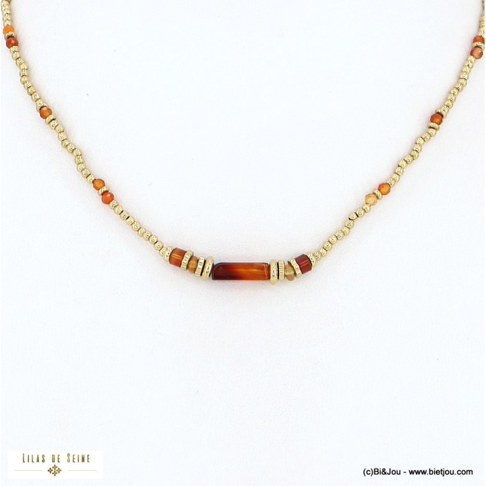 Collier billes acier inoxydable pierre naturelle 0122584 rouge bordeaux