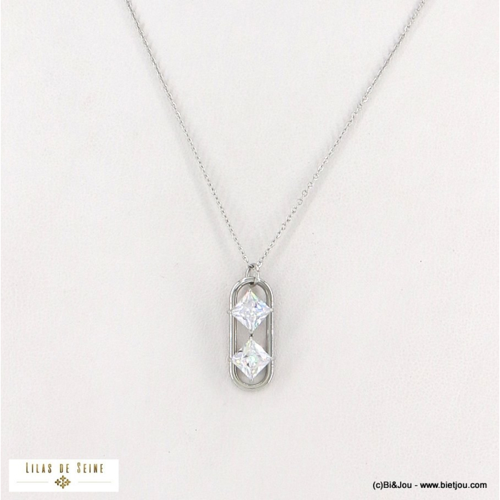 Collier chic acier inoxydable pendentif strass losange 0122578 argenté