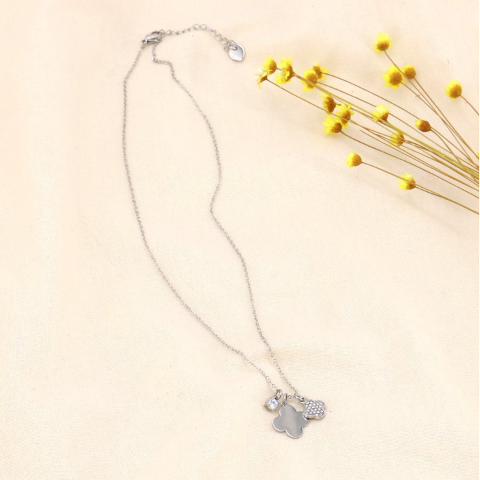 Collier acier inoxydable trèfles strass femme 0123616 argenté