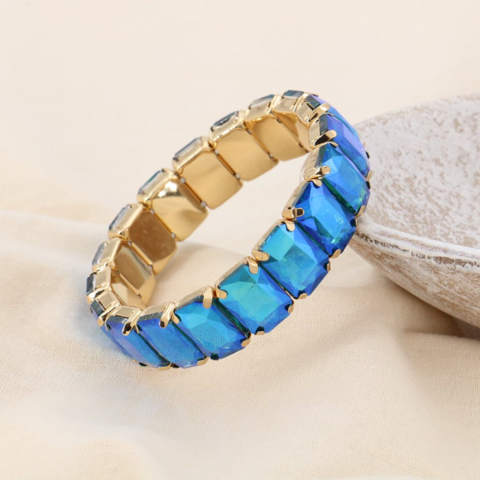 BRACELET ÉLASTIQUE ACIER INOXYDABLE VINTAGE GROS STRASS COLORÉS 0223526 bleu