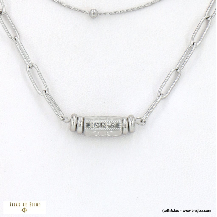 Collier double-rangs acier inoxydable talisman protecteur 0123008 argenté