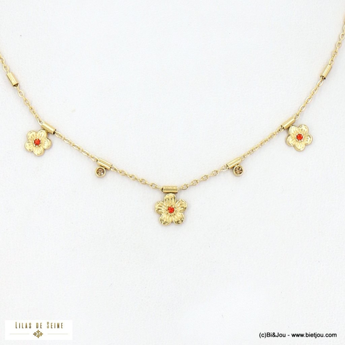 Collier acier inoxydable fleur marguerite strass colorés 0123023 rouge